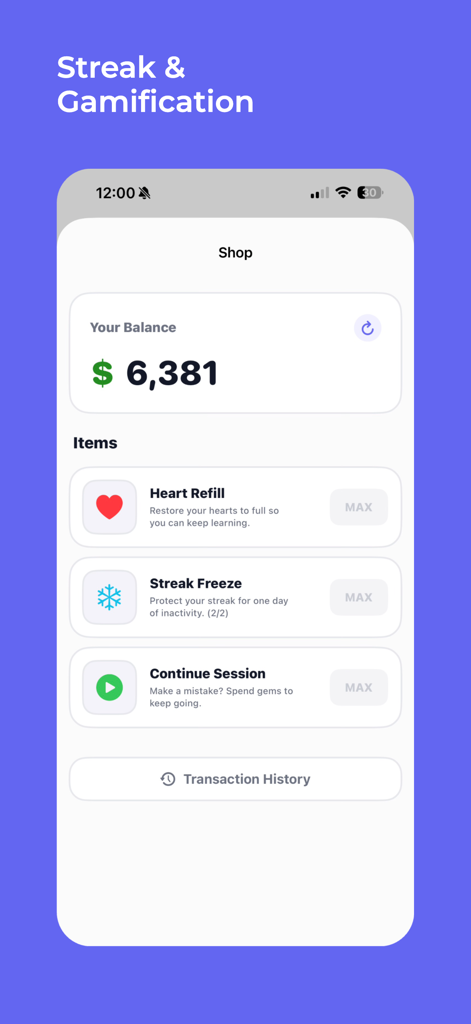 lairner - Lairner app shop interface showing items for streak and gamification like Heart Refill and Streak Freeze.