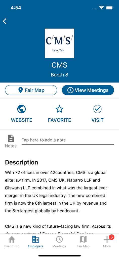 Career Fair Plus - Screenshot of the Career Fair Plus app displaying an employer profile for CMS law firm with booth number and meeting options