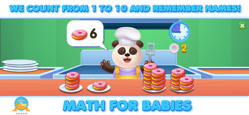 Educational math game for babies featuring a panda chef counting donuts