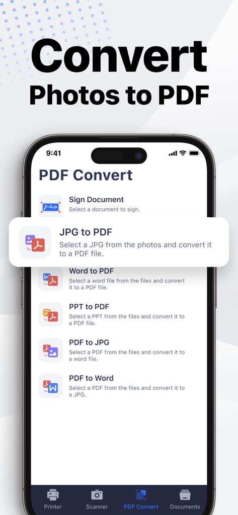Smart Printer App: Printer - Interfaz de smartphone de la Smart Printer App que muestra opciones para convertir fotos y documentos a PDF.