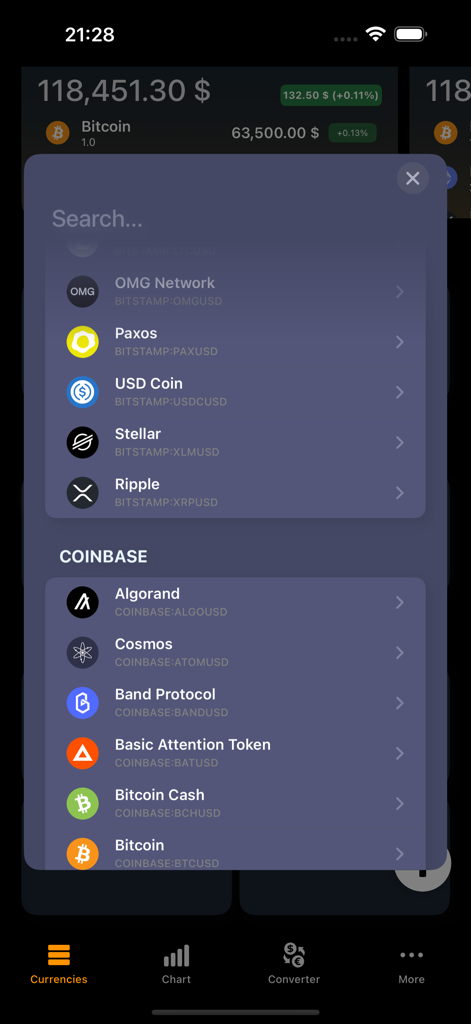 CryptoView - CryptoViewアプリの検索画面には、BitstampやCoinbaseなどの複数の取引所の仮想通貨が表示されています。