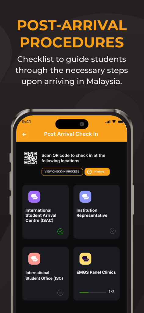 EMGS Hub - EMGS Hub App-Bildschirm mit einer Checkliste nach der Ankunft für internationale Studenten in Malaysia, einschließlich Check-in-Orten und Statusverfolgung.