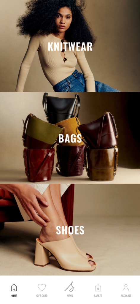 The home screen of the Sézane fashion app featuring three visual sections for knitwear, leather bags, and shoes.