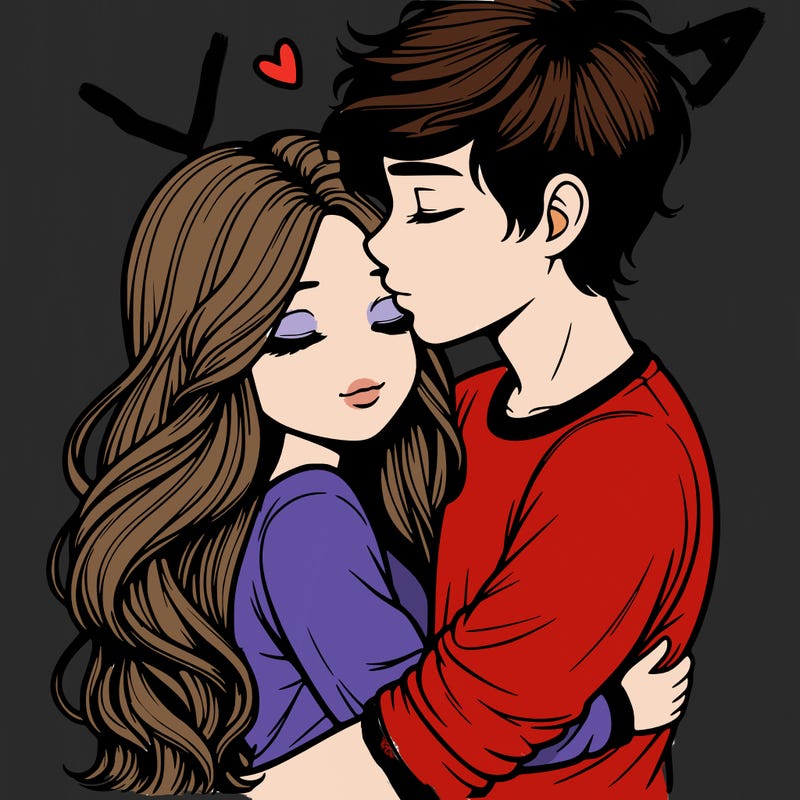 a realistic couple boy and girl hugging and kissing