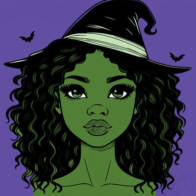 realistic black girl with wavy hair and witch hat and nose and lips