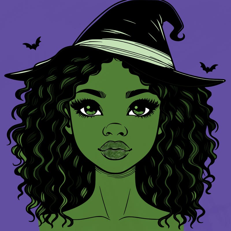 realistic black girl with wavy hair and witch hat and nose and lips
