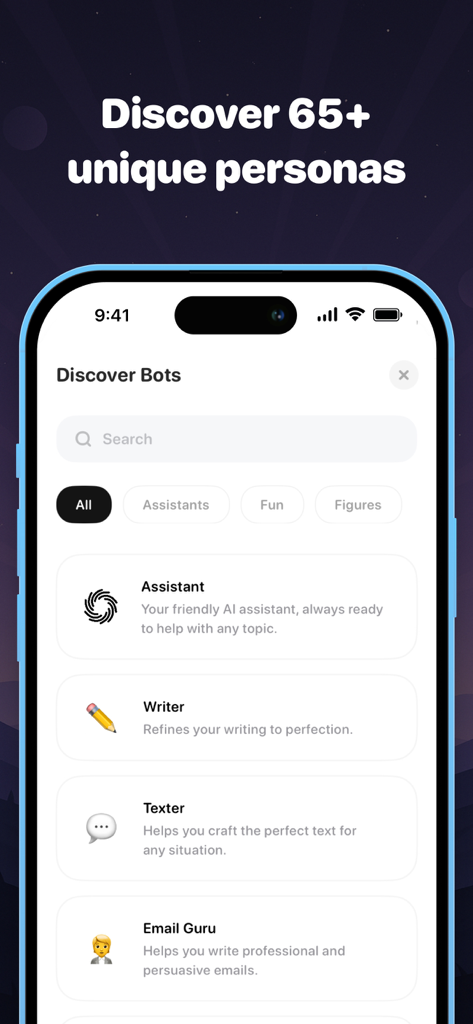 Interface of the ChatAI app showing different expert AI personas including writer and email guru