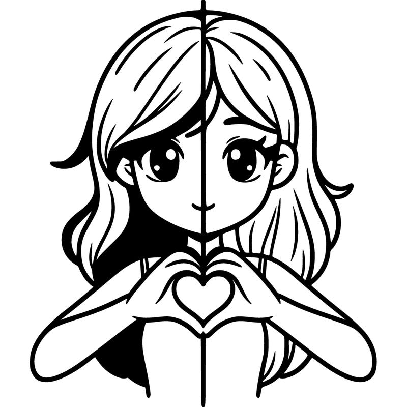a half-split drawing of a girl doing a heart with her hand