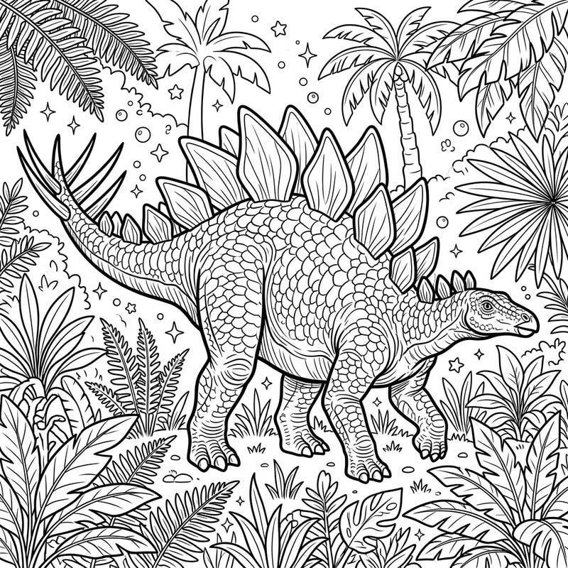 Dive into a thrilling prehistoric world with this detailed Stegosaurus Stenops coloring page, specially designed for teens. Bring this magnificent dinosaur and its lush jungle habitat to life with your favorite colors.