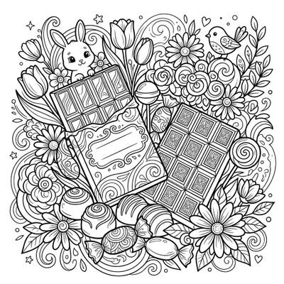 Celebrate the joy of spring with this enchanting coloring page, overflowing with delicious chocolate bars, delightful candies, and blooming flowers. Discover a charming rabbit and a cheerful bird nestled among the sweets, ready for your creative touch.