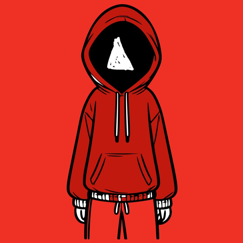 faceless girl in a tracksuit with a hood on and no hair
