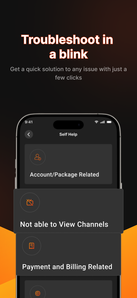 My DishTV app interface showing self-help options for troubleshooting account issues, channel viewing, and billing