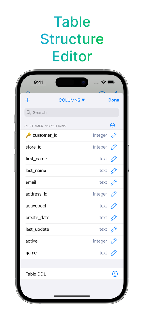 Interfaz del editor de estructura de tablas del Cliente Móvil MySQL mostrando nombres y tipos de columnas de la base de datos en un iPhone