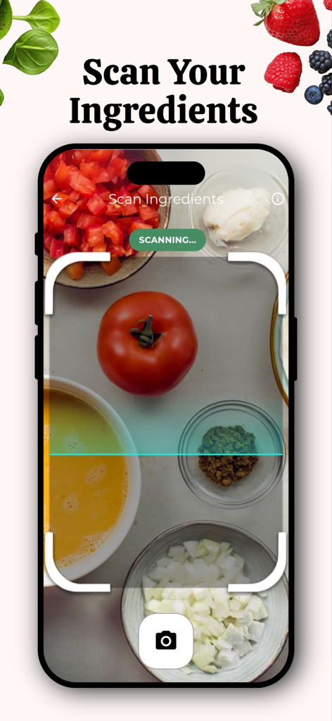 Dishify: AI Recipe Generator - Smartphone scanning fresh vegetables using Dishify AI recipe generator