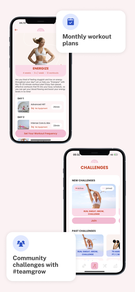 Grow with Anna - Grow with Anna App-Oberfläche mit monatlichen Trainingsplänen und Community-Herausforderungen