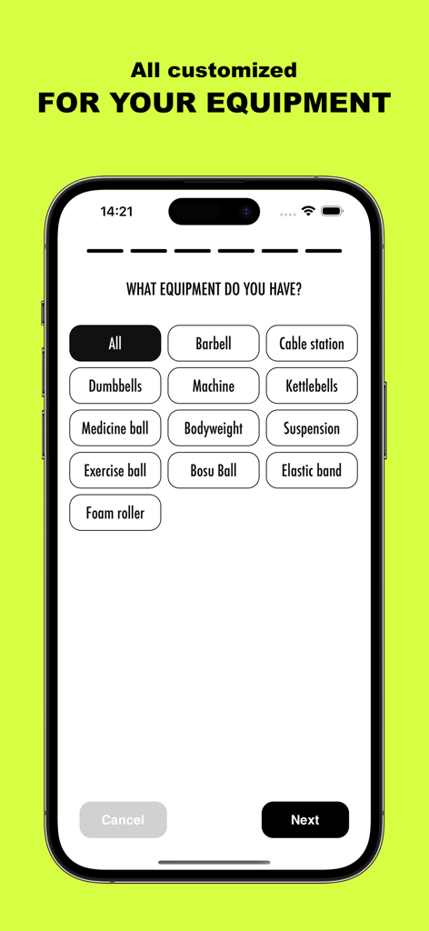 Workout Planner - Gym Life - Gym Life app screen showing options to select gym equipment like dumbbells, barbell, kettlebells, and bodyweight.