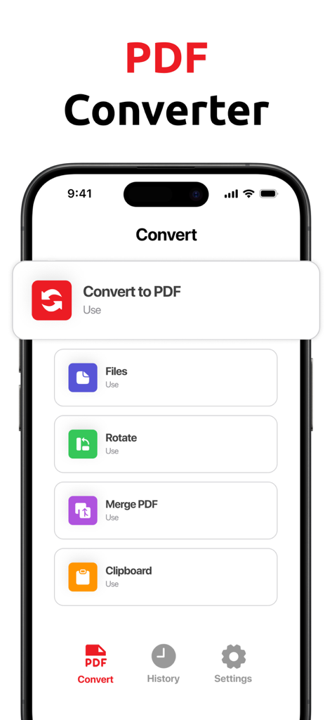 PDFコンバーターアプリのインターフェース。ファイル変換、ページ回転、ドキュメント結合のオプションが表示されています。