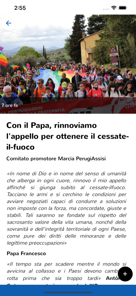 Avvenire - Artículo de noticias de la aplicación Avvenire con un llamado del Papa Francisco y una foto de una marcha por la paz.