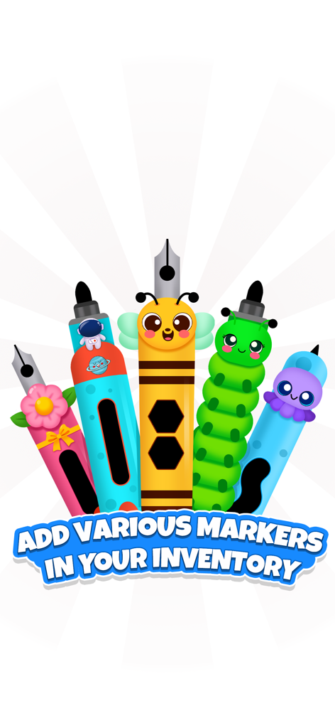 Coloring Book ASMR Drawing - Five colorful and cute character-themed coloring markers like a bee, astronaut, and caterpillar with text about adding them to inventory.