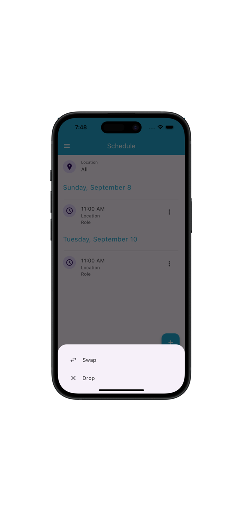 StaffLinQ - StaffLinQ mobile app screen showing a work schedule with options to swap or drop a shift