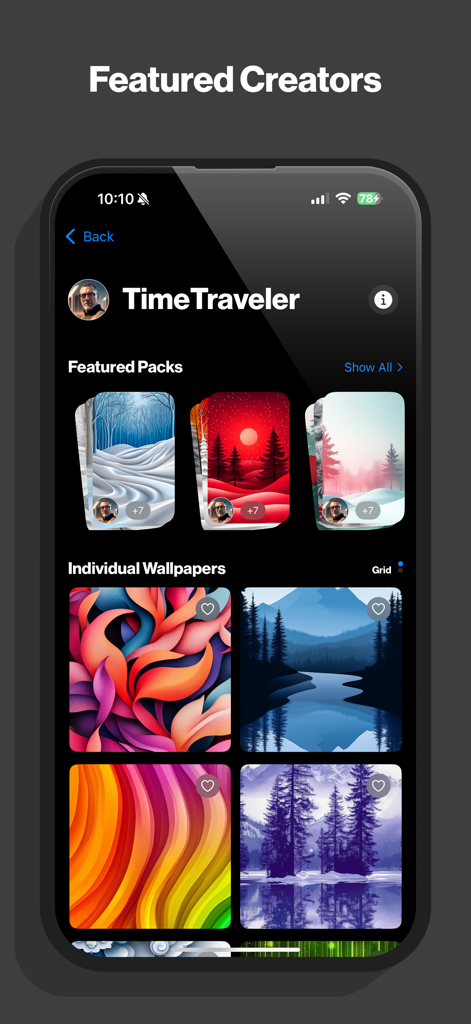 Show Walls - Pantalla de la aplicación Show Walls que muestra el perfil de un creador destacado con colecciones de fondos de pantalla y diseños individuales.