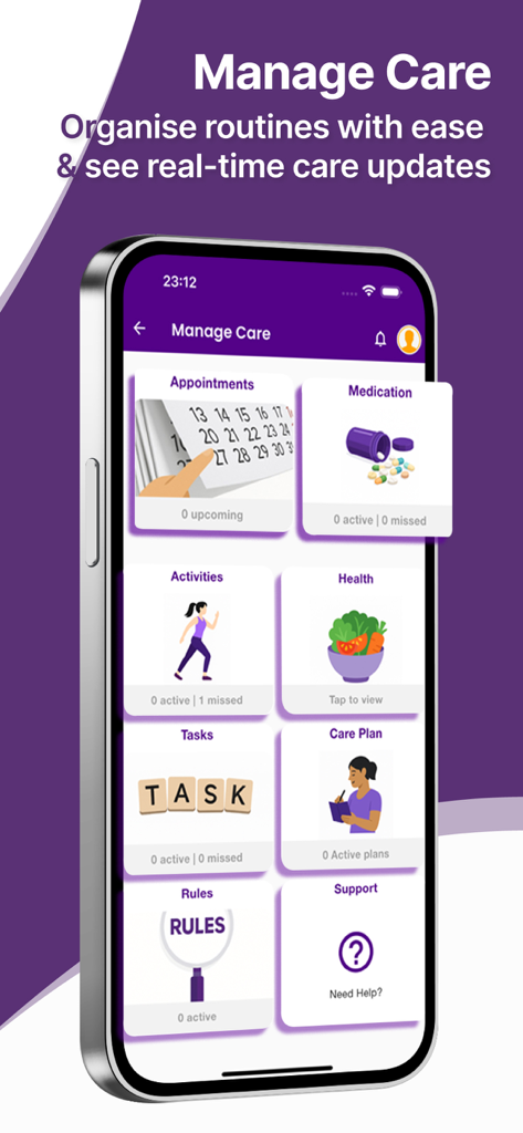 My Virtual Carer - Care App - Dashboard of the My Virtual Carer app showing icons for medication reminders and appointment tracking