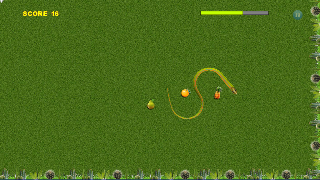Captura de pantalla del juego de Hungry Snake 2 que muestra una serpiente moviéndose hacia frutas en un campo verde