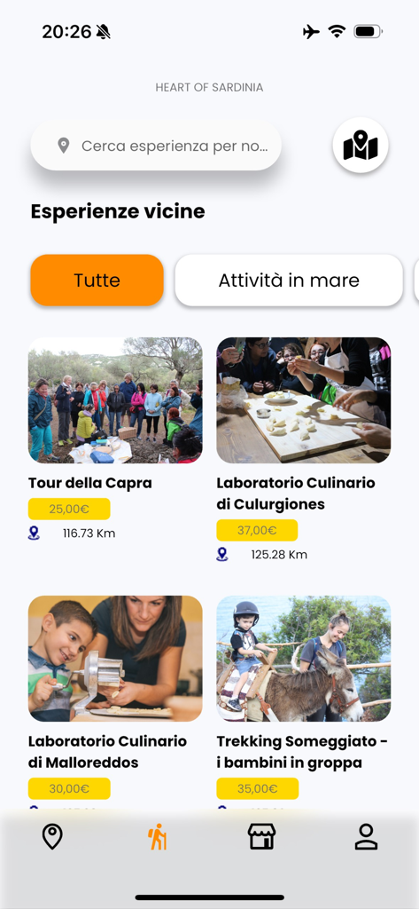 Heart of Sardinia - Mobile app screen showing a curated list of authentic Sardinian experiences like cooking classes and trekking tours with pricing and locations.