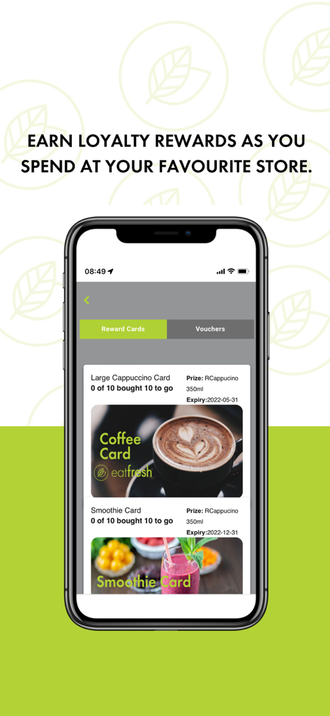 FreshApp - Mobile screen displaying digital loyalty reward cards for coffee and smoothies in the FreshApp canteen app