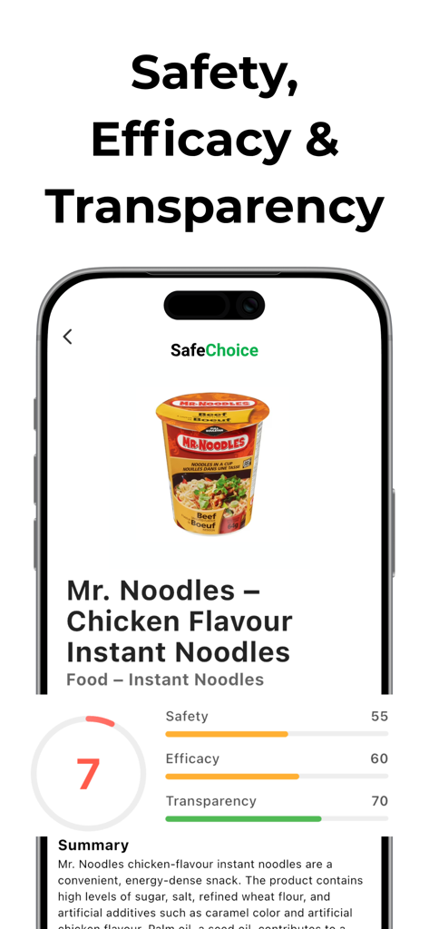 Safe Choice - Product Scanner - Safe Choice app screen showing safety efficacy and transparency scores for a scanned food product