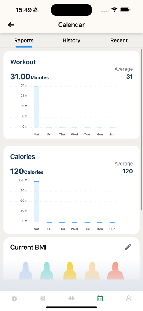 Home Workouts for Men at Home - Mobile app screen showing workout duration and calories burned charts with a BMI tracker