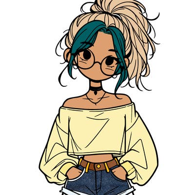 girl with a messy ponytail glasses a baggy crop top and jean shorts