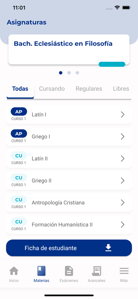 App UCC - App UCC interface showing a list of academic subjects and student courses for a Philosophy degree
