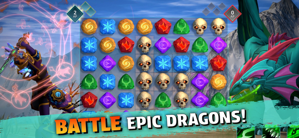 Un héroe luchando contra un gran dragón en una pantalla de combate de puzzles match-3 de Puzzle Quest 3