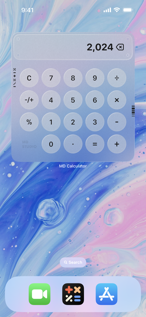 MD Calculator - Interactive MD Calculator widget on an iPhone home screen with a pastel aesthetic