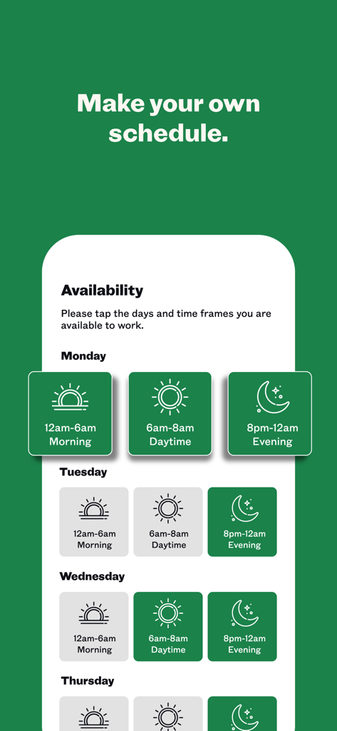 Availability screen in the Qwick for Professionals app showing shift time selections for different days of the week.