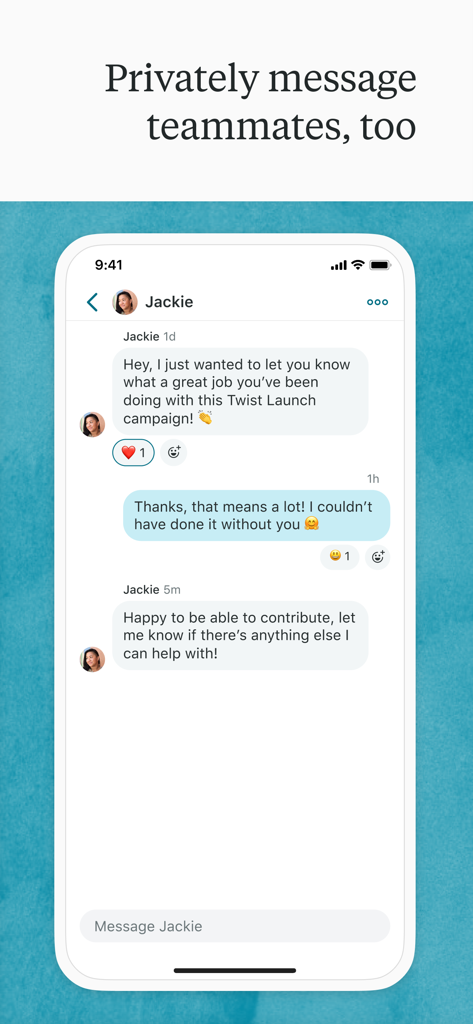Captura de tela do aplicativo Twist mostrando uma conversa privada entre dois colegas de equipe com reações de emoji.
