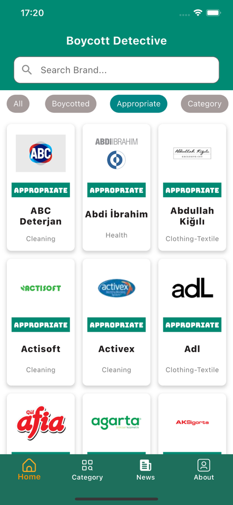 Boycott Detective - Interface do aplicativo Boycott Detective com uma barra de pesquisa e uma grade de marcas marcadas como apropriadas.