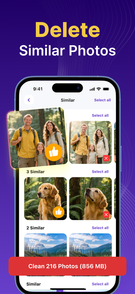 Interface do aplicativo AI Defender mostrando o recurso para identificar e excluir fotos semelhantes para liberar espaço de armazenamento