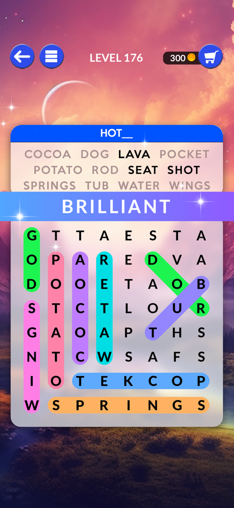 Ein Wordscapes Search-Spielelevel mit einem Wortsuchgitter und einem wunderschönen Sonnenuntergangshintergrund
