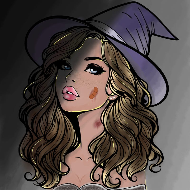 realistic witch girl with wavy hair and lips