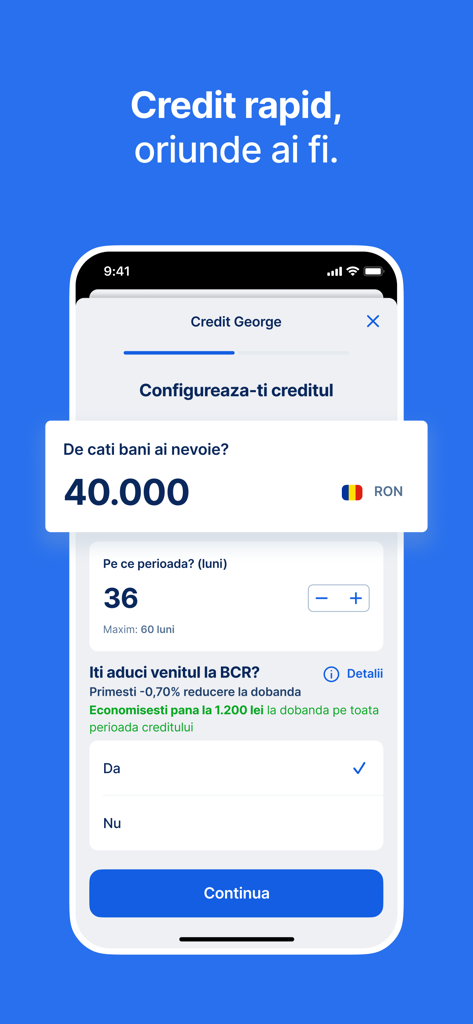 George Romania - Interface de l'application mobile George Roumanie montrant un écran de configuration de prêt personnel avec sélection du montant et de la période