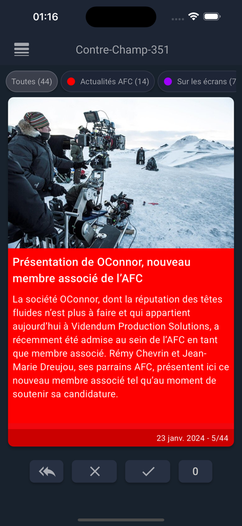 Mobile app interface of AFCNews showing an article about cinematography equipment with a film crew on a snowy set