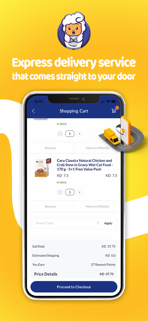 Petzone - Petzone app shopping cart screen on iPhone showing pet food items and express delivery information