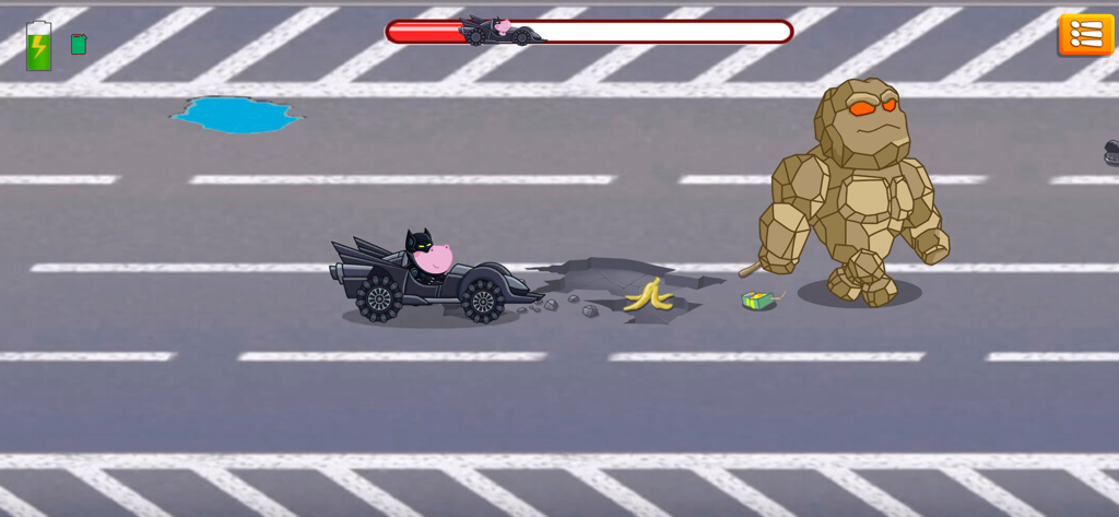 A pink hippo in a superhero car facing a giant rock monster on a city road.
