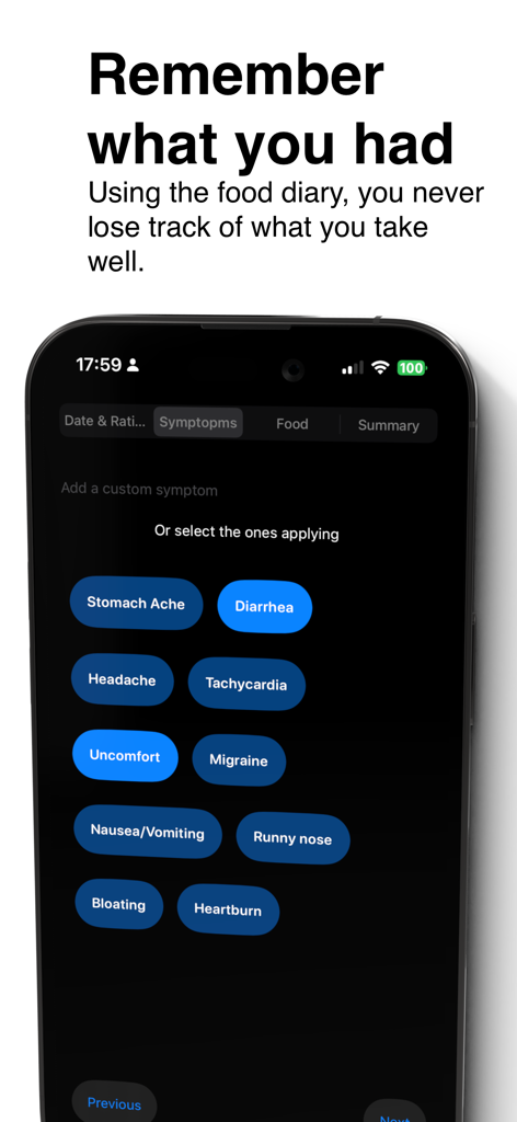 A smartphone showing the HITS DB symptom tracking screen with options for logging various physical reactions