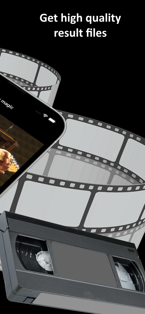 Video Files Converter: MP4,MP3 - A promotional graphic for the Video Files Converter app showing high quality results with film strip and VHS tape illustrations
