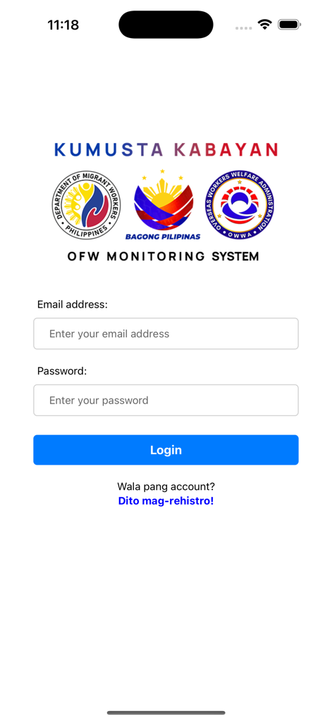 Login screen of the Kumusta Kabayan mobile app for Overseas Filipino Workers