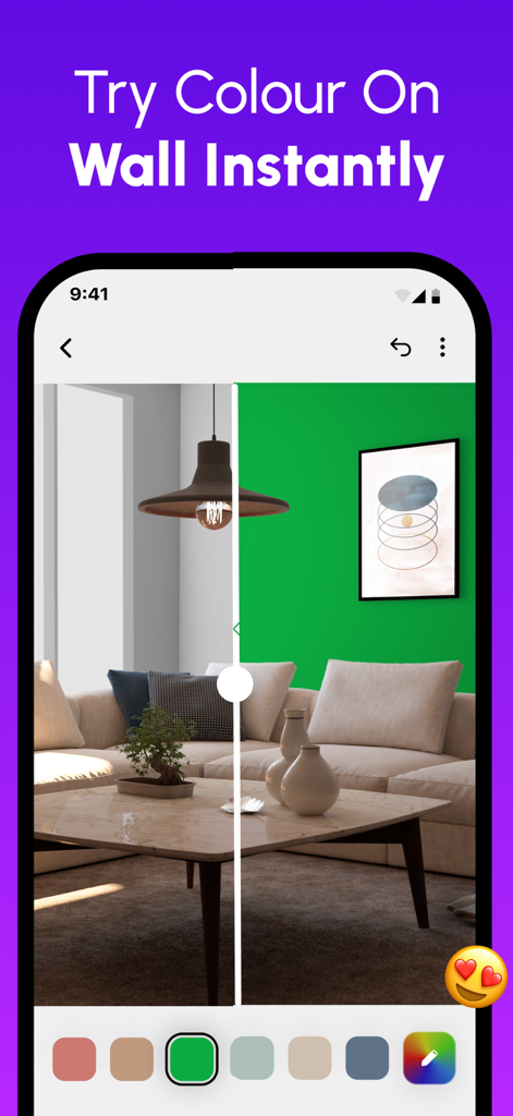 Paint My Wall・AI Home Interior - Split screen view of a room showing a wall painted green via the AI visualizer app.