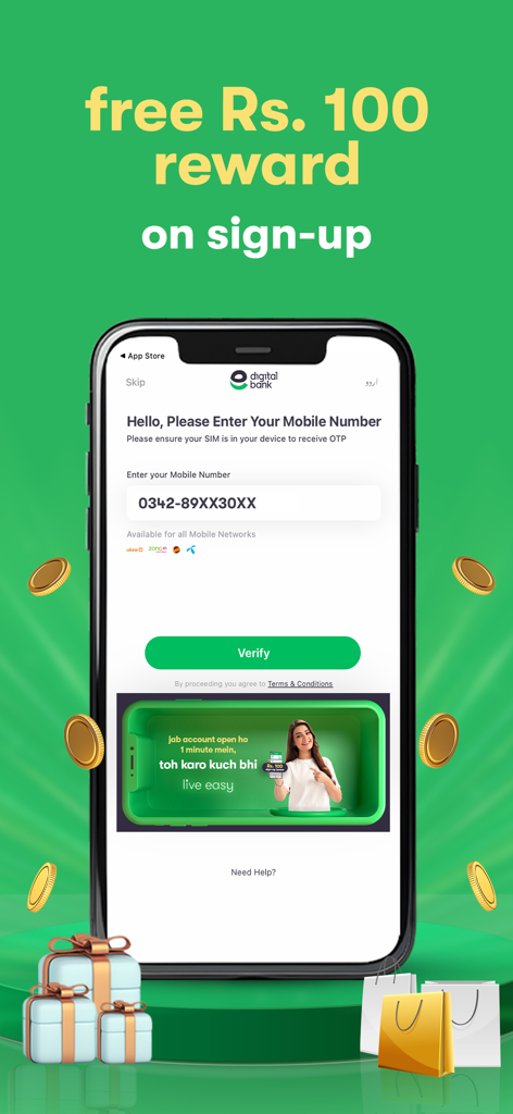 Easypaisa app registration screen showing a free sign up reward offer
